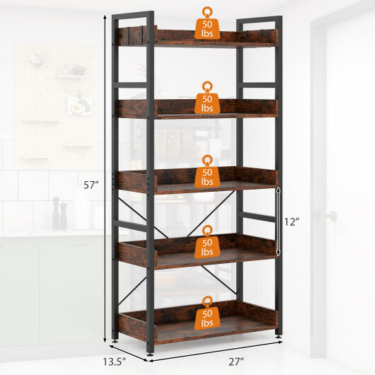 5-Tier Bookshelf with 4 Hooks Industrial Storage Bookcase-Rustic Brown W2B