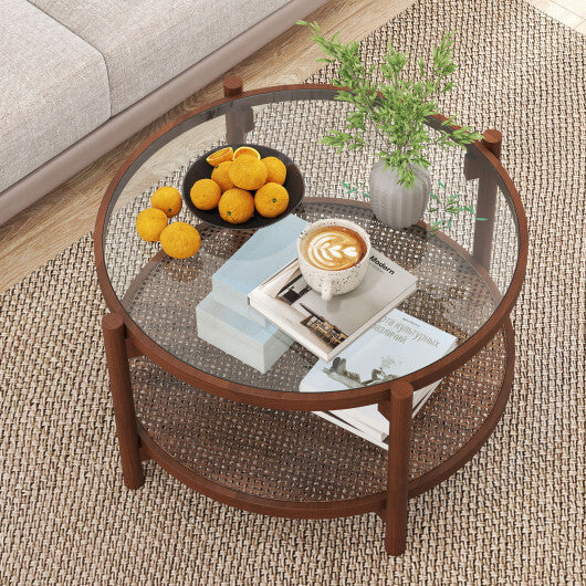 31 Inch 2-Tier Round Coffee Table with Tempered Glass Top for Living Room-Cherry W2B