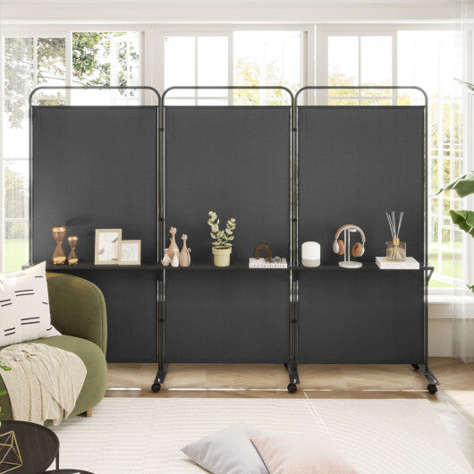 3-Panel Folding Room Divider with 3 Metal Shelves and Lockable Wheels-Black W2B