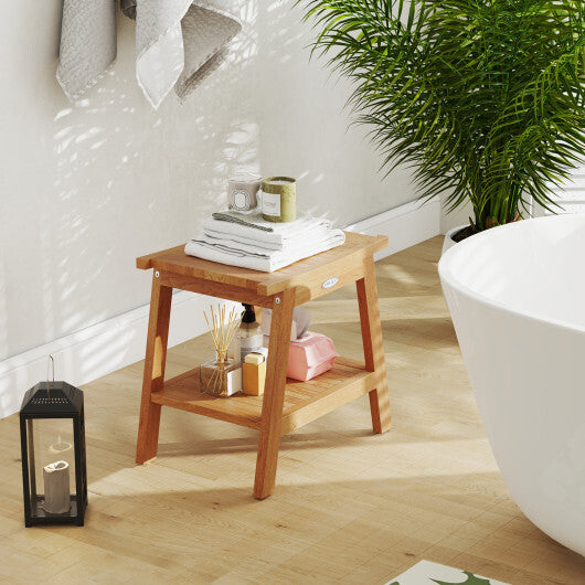 20 Inches Teak Wood Shower Bench with Storage Shelf and Adjustable Foot Pads - Color: Natural W2B