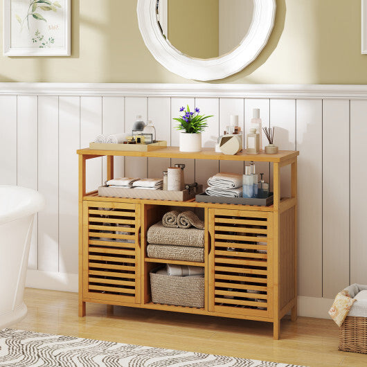 Bamboo Bathroom Cabinet with Shelves and Doors-Natural