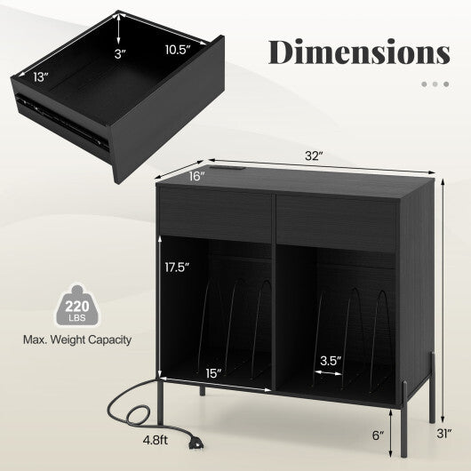 Record Player Stand with Power Outlets Double Wide Turntable Stand Vinyl Record Storage Table-White W2B