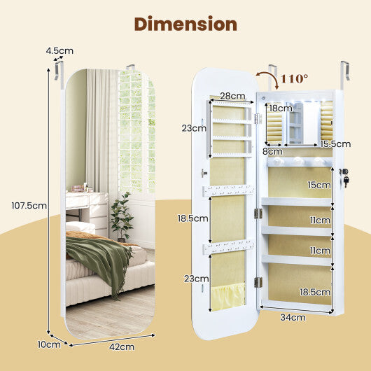 6 LEDs Mirror Jewelry Cabinet Wall or Door Mounted Lockable Jewelry Organizer-White W2B