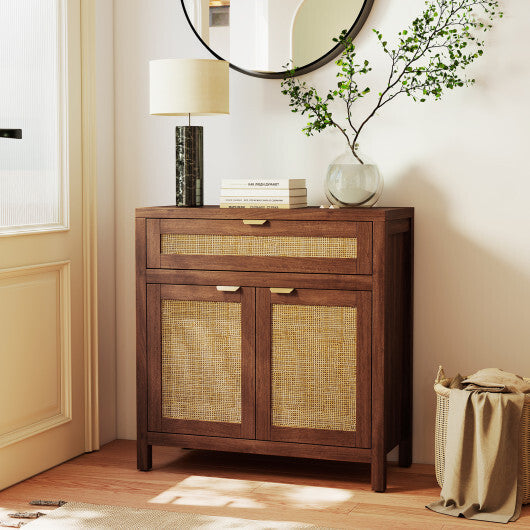 Sideboard Storage Cabinet with Rattan Doors and Drawer-Brown W2B