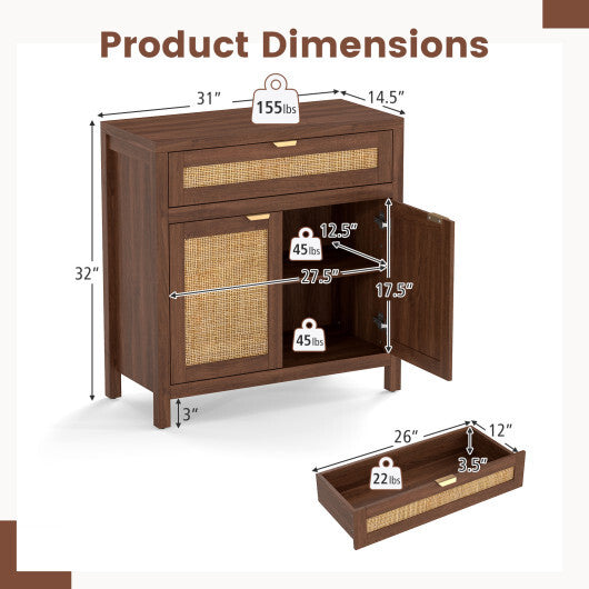 Sideboard Storage Cabinet with Rattan Doors and Drawer-Brown W2B