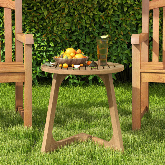 Teak Wood Side Table Round Sofa End Table with Slatted Tabletop W2B