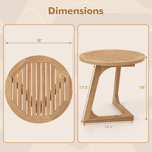 Teak Wood Side Table Round Sofa End Table with Slatted Tabletop W2B
