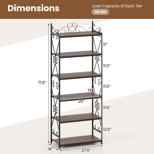 6-Tier Bookshelf Industrial Bookcase with 2 Anti-Tipping Kits and Metal Frame-Rustic Brown W2B