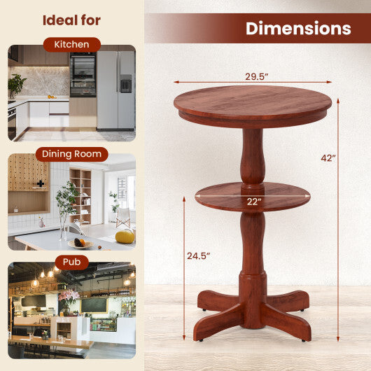 2-Tier Round High Top Bar Table with Storage Shelf and Pedestal Base-Espresso W2B