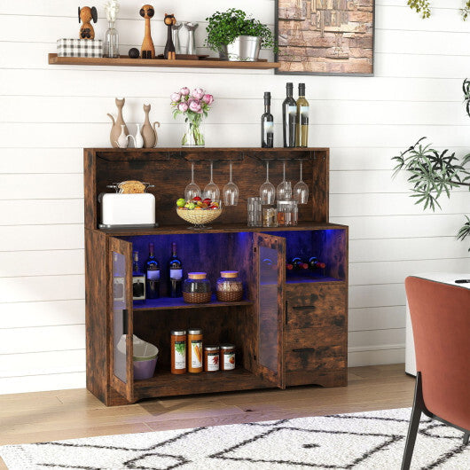 Wine Bar Cabinet with LED Lights and Charging Station-Rustic Brown W2B