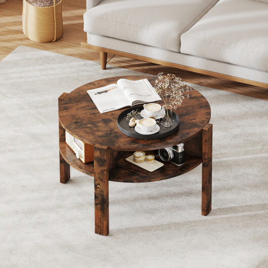 29.5 Inch Round Coffee Table with Storage Shelves for Small Space-Rustic Brown W2B
