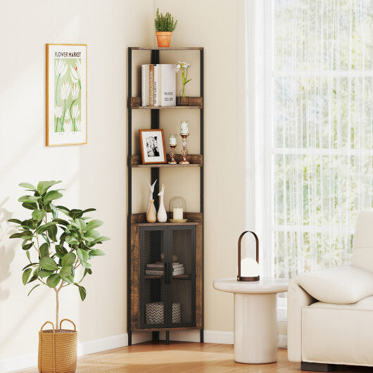 6-Tier Corner Shelf 67 Inches Tall Corner Bookshelf with Cabinet Industrial Bookcase-Brown W2B