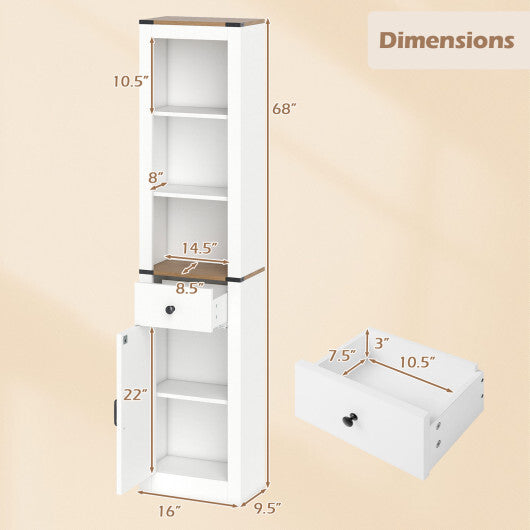 68 inch Tall Bathroom Cabinet with Barn Door Narrow Slim Storage Organizer Unit with Drawer-White W2B