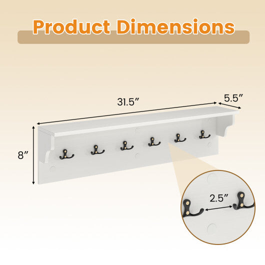 Wall Hooks with Shelf 31.5inch Wooden Coat Rack with 6 Hooks for Hats Towels Purses Robes-Natural W2B