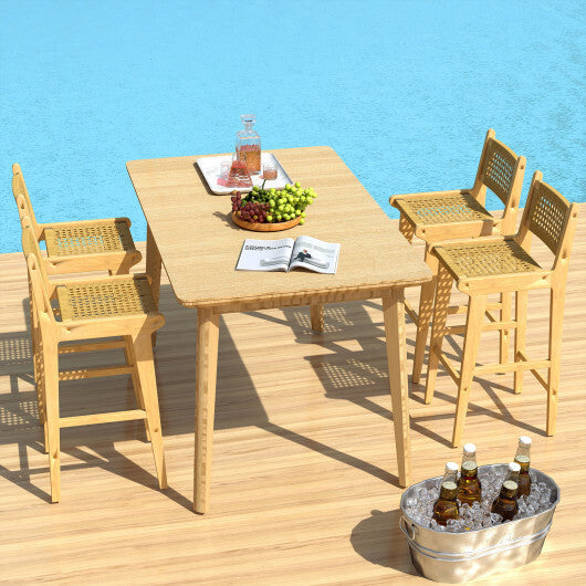 Patio Teak Wood Bar Stool with Rattan Backrest and Seat W2B