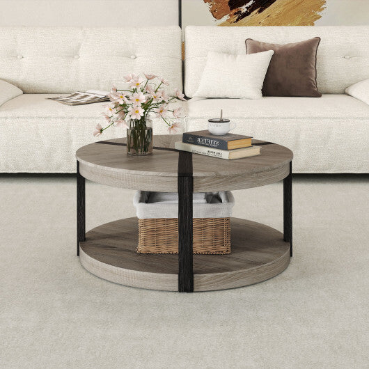 34.5" Rubber Wood 2-Tier Round Center Table with Spacious Tabletop and Storage Shelf-Gray W2B