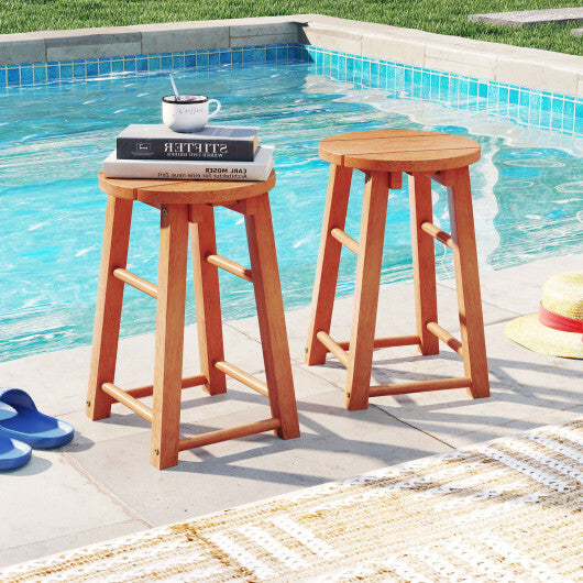 18-Inch Outdoor Wood Bar Stools Set of 2 with Round Seat and Footrest W2B