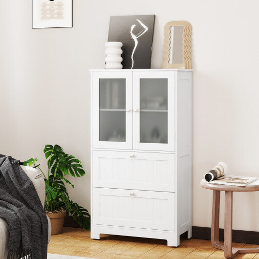 Bathroom Floor Storage Cabinet Freestanding Cupboard Pantry with 2 Drawers and 2 Frosted Glass Doors-White W2B