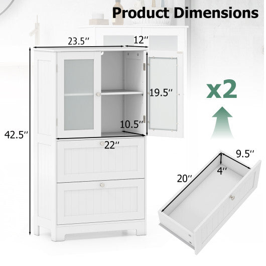 Bathroom Floor Storage Cabinet Freestanding Cupboard Pantry with 2 Drawers and 2 Frosted Glass Doors-White W2B