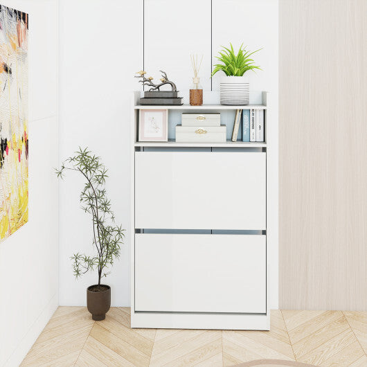 Shoe Storage Cabinet Hidden Shoe Rack with 2 Flip Drawers Adjustable and Removable Shelves-White