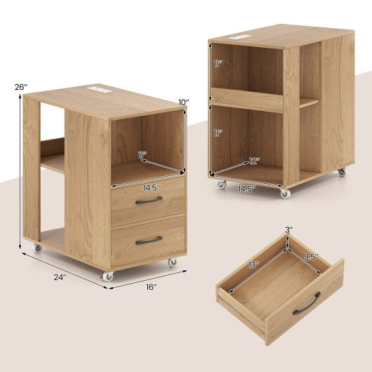 End Table with Built-in Charging Station Sofa Side Bedside Table on Wheels-White W2B