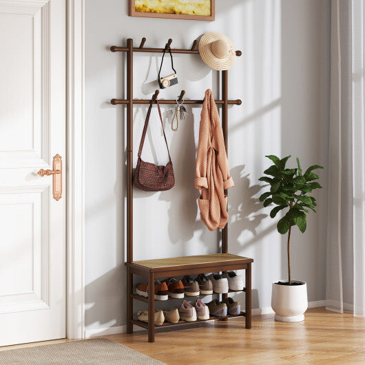Bamboo Coat Rack PE Rattan Hall Tree with Bench and Shoe Storage 3-In-1 Entryway Bench-Brown W2B