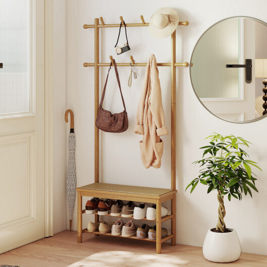Bamboo Coat Rack PE Rattan Hall Tree with Bench and Shoe Storage 3-In-1 Entryway Bench-Brown W2B