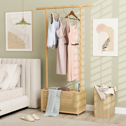 Bamboo Clothes Rack with Rattan Storage Basket and Wheels-Natural W2B