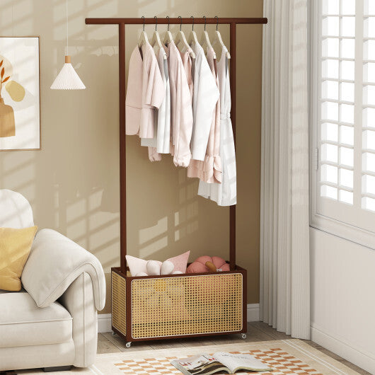 Bamboo Clothes Rack with Rattan Storage Basket and Wheels-Natural