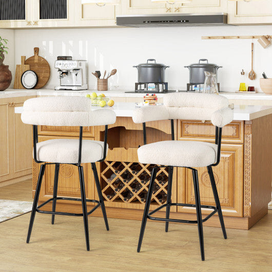 Swivel Bar Stool Set of 2 Counter Height Chairs with Curved Back and Arms-White W2B