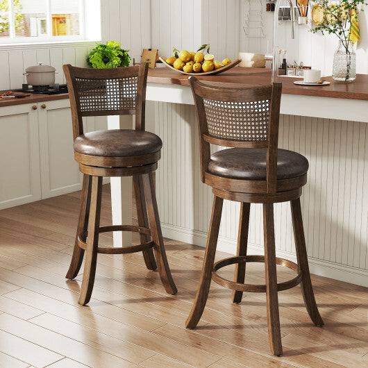 29 Inches Swivel Counter Height Barstool Set of 2 with Rattan Backrest and Footrest-Brown W2B