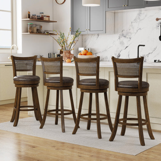 29 Inches Swivel Counter Height Barstool Set of 2 with Rattan Backrest and Footrest-Brown W2B