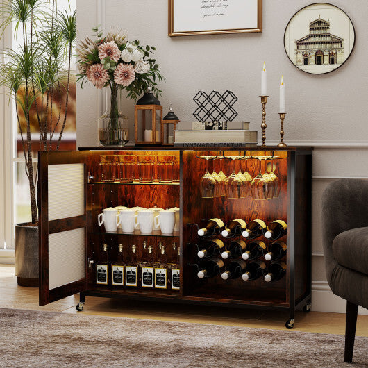 Wine Bar Cabinet with LED Light and Adjustable Shelves-Rustic Brown W2B