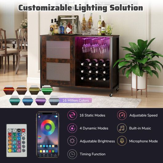 Wine Bar Cabinet with LED Light and Adjustable Shelves-Rustic Brown W2B