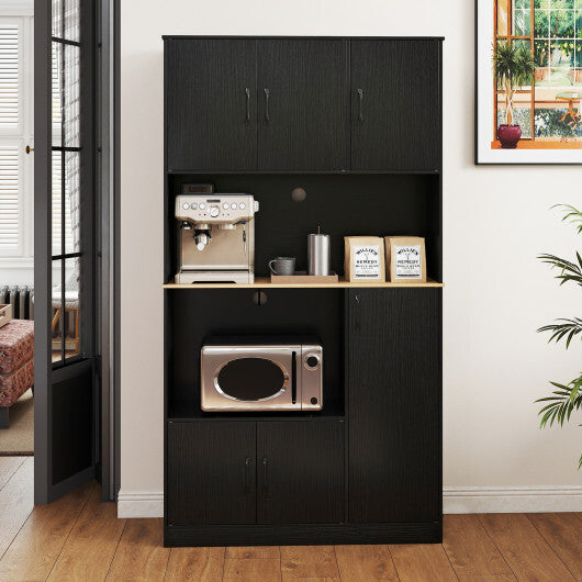 71" Tall Kitchen Pantry Cabinet with Charging Station Wooden Buffet Cupboard Sideboard-Black