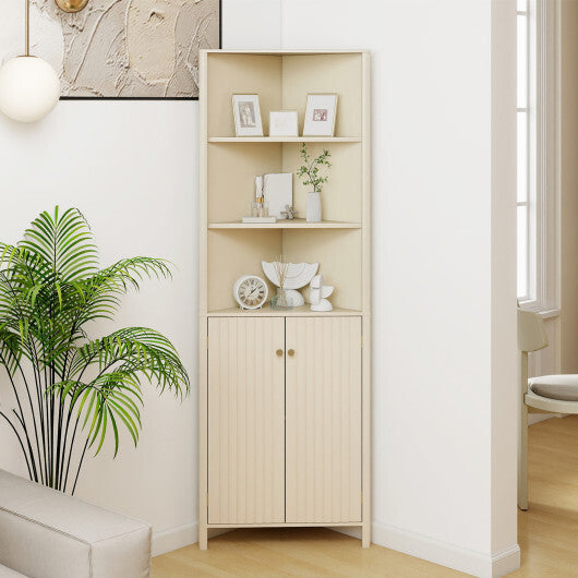 68 Inch Tall Corner Cabinet with 5 Shelves and 2 Fluted Doors for Bathroom-Beige W2B