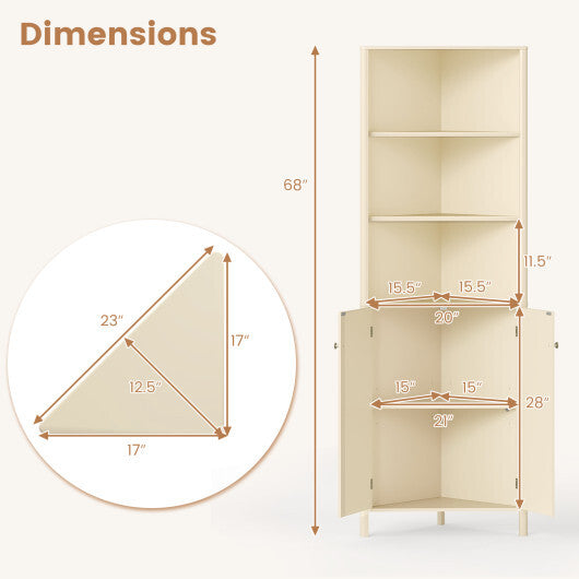 68 Inch Tall Corner Cabinet with 5 Shelves and 2 Fluted Doors for Bathroom-Beige W2B