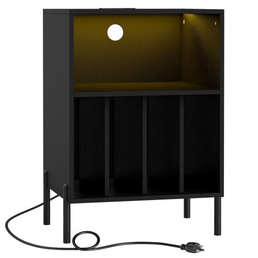 Record Player Stand with LED Light and Charging Station-White W2B