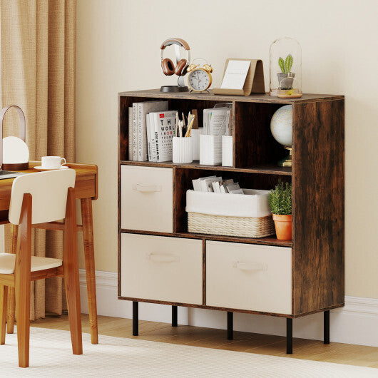 6-Cube Bookshelf with 3 Removable Folding Fabric Drawers for Living Room-Rustic Brown W2B