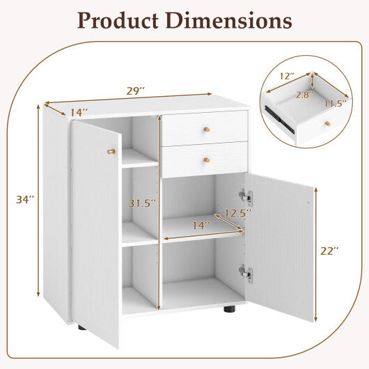 Kitchen Sideboard Buffet Cabinet Coffee Bar Cabinet with 2 Drawers 2 Doors and 3 Adjustable Shelves-White W2B