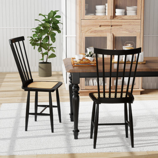 Farmhouse Solid Rubber Wood Dining Chairs Set of 2 with PE Rattan Seats-Black W2B