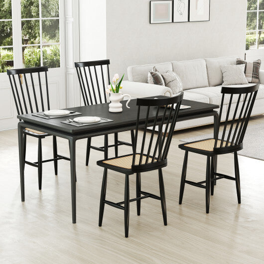 Farmhouse Solid Rubber Wood Dining Chairs Set of 2 with PE Rattan Seats-Black W2B