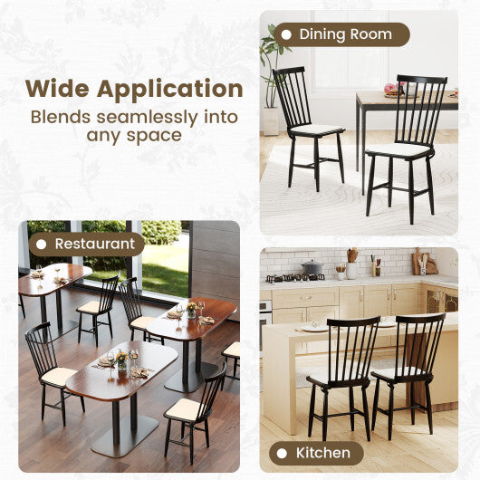Dining Chairs Set of 2 Farmhouse Solid Rubber Wood Windsor Chairs with Removable Seat Cushions-Black W2B