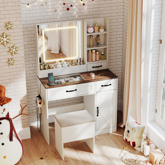 Vanity Desk with Mirror and Lights Farmhouse Makeup Dressing Table-White W2B