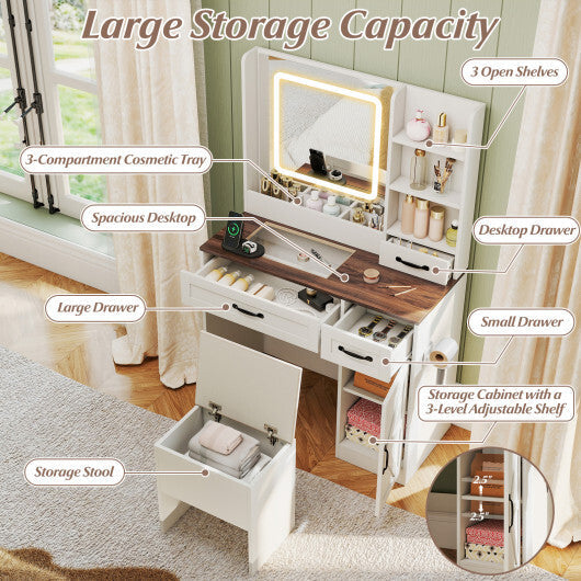 Vanity Desk with Mirror and Lights Farmhouse Makeup Dressing Table-White W2B