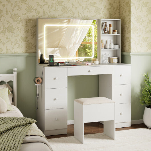 Vanity Desk with Mirror and Lights Makeup Dressing Table Vanity Table and Stool Set-White W2B