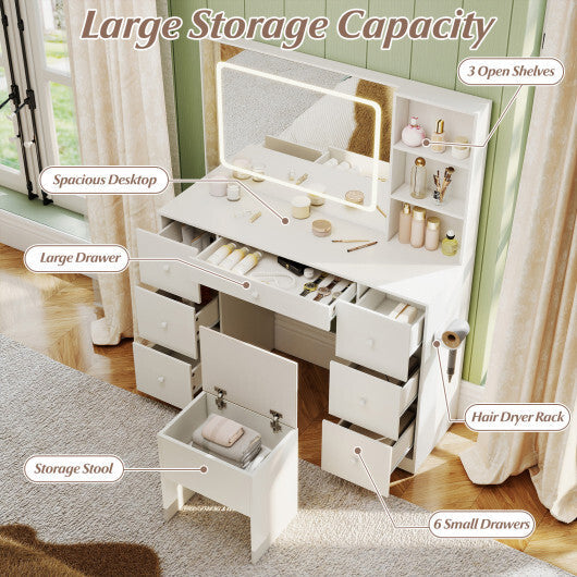 Vanity Desk with Mirror and Lights Makeup Dressing Table Vanity Table and Stool Set-White W2B