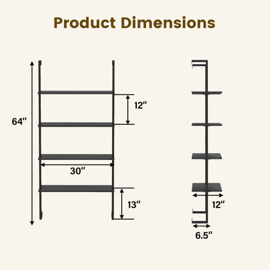 4-Tier Ladder Shelf Open Wall Mounted Bookcase with Wooden Boards and Metal Frame-Black W2B