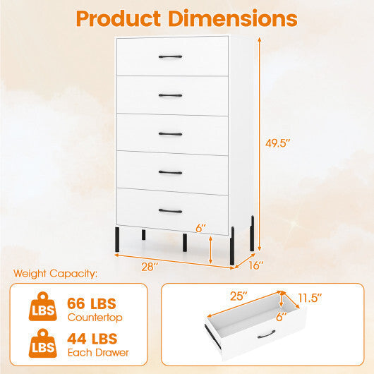 5-Drawer Modern Tall Chest of Drawers with Metal Legs-White W2B