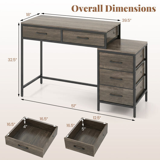 Computer Desk with 5 Drawers and Printer Stand for Bedroom and Small Spaces-Rustic Brown W2B